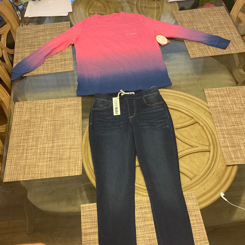 CODE BLEU dark blue jeans , size small. IVORY multicolor long sleeve size small.